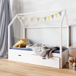 białe łóżeczko domek z szufladami bez barierek