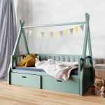zielone łóżko tipi z szufladami