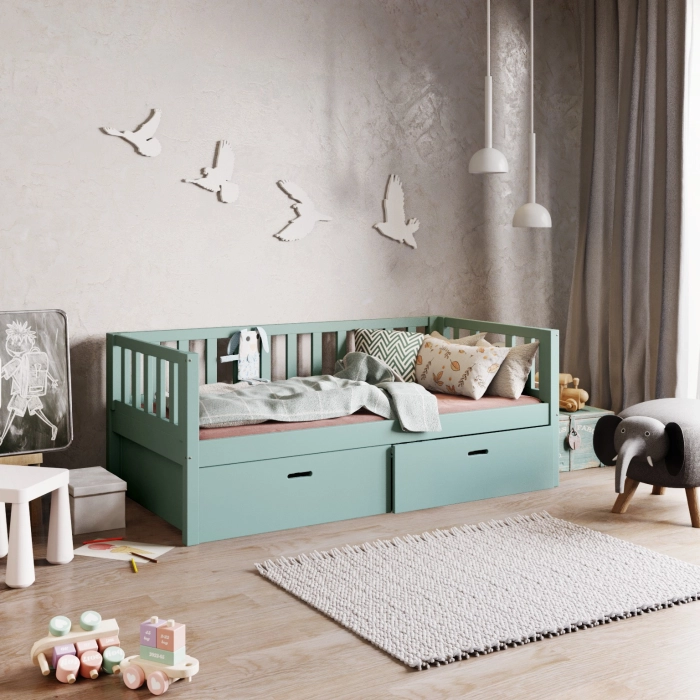 zielone Drewniane łóżeczko dla dzieci z szufladami