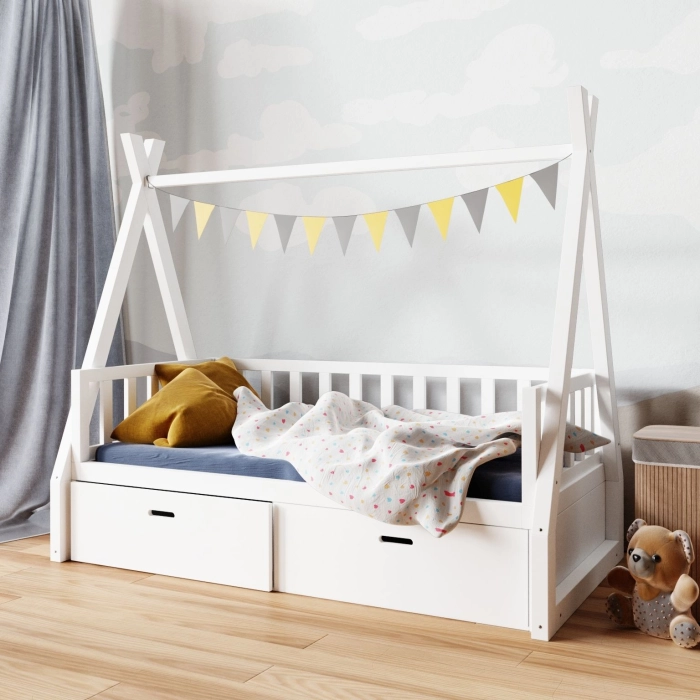 białe łóżko tipi z szufladami