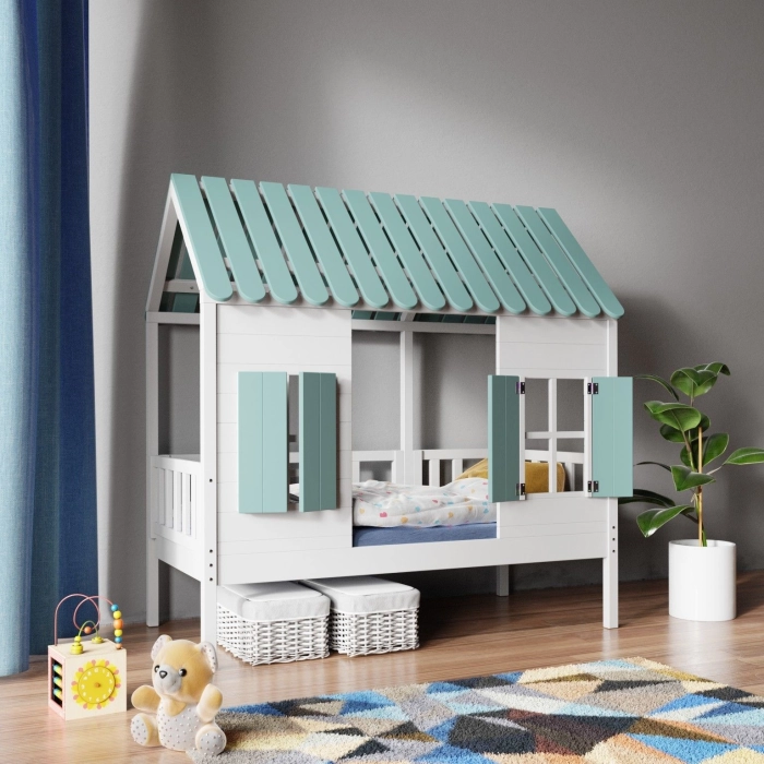 Łóżko dziecięce z dachem i oknami