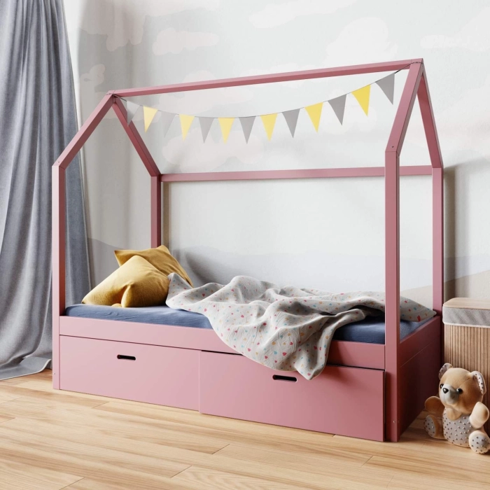 Różowe łóżeczko domek z szufladami bez barierek