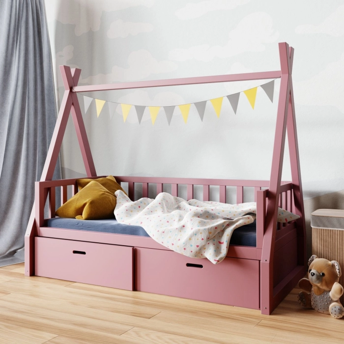 różowe łóżko tipi z szufladami