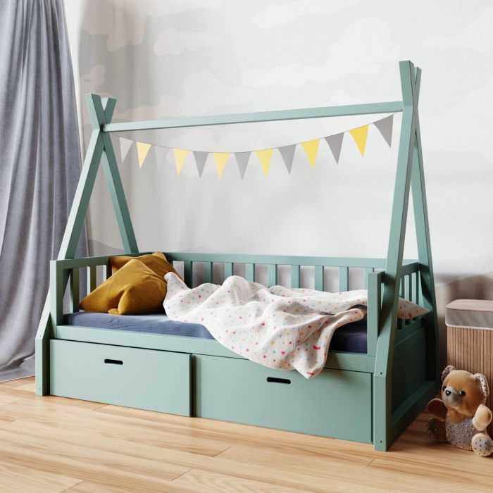 zielone łóżko tipi z szufladami